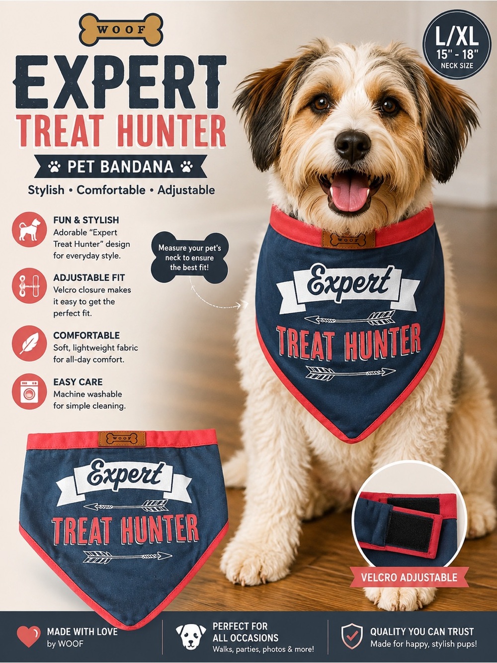 Woof Expert Treat Hunter Dog Bandana - Navy Blue & Red (L/XL)